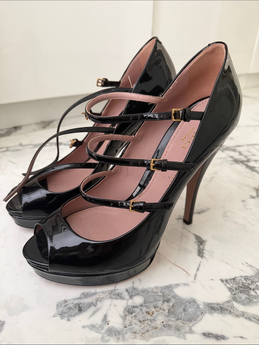 Gucci Black Patent Multi-Strap Peep-Toe Pumps